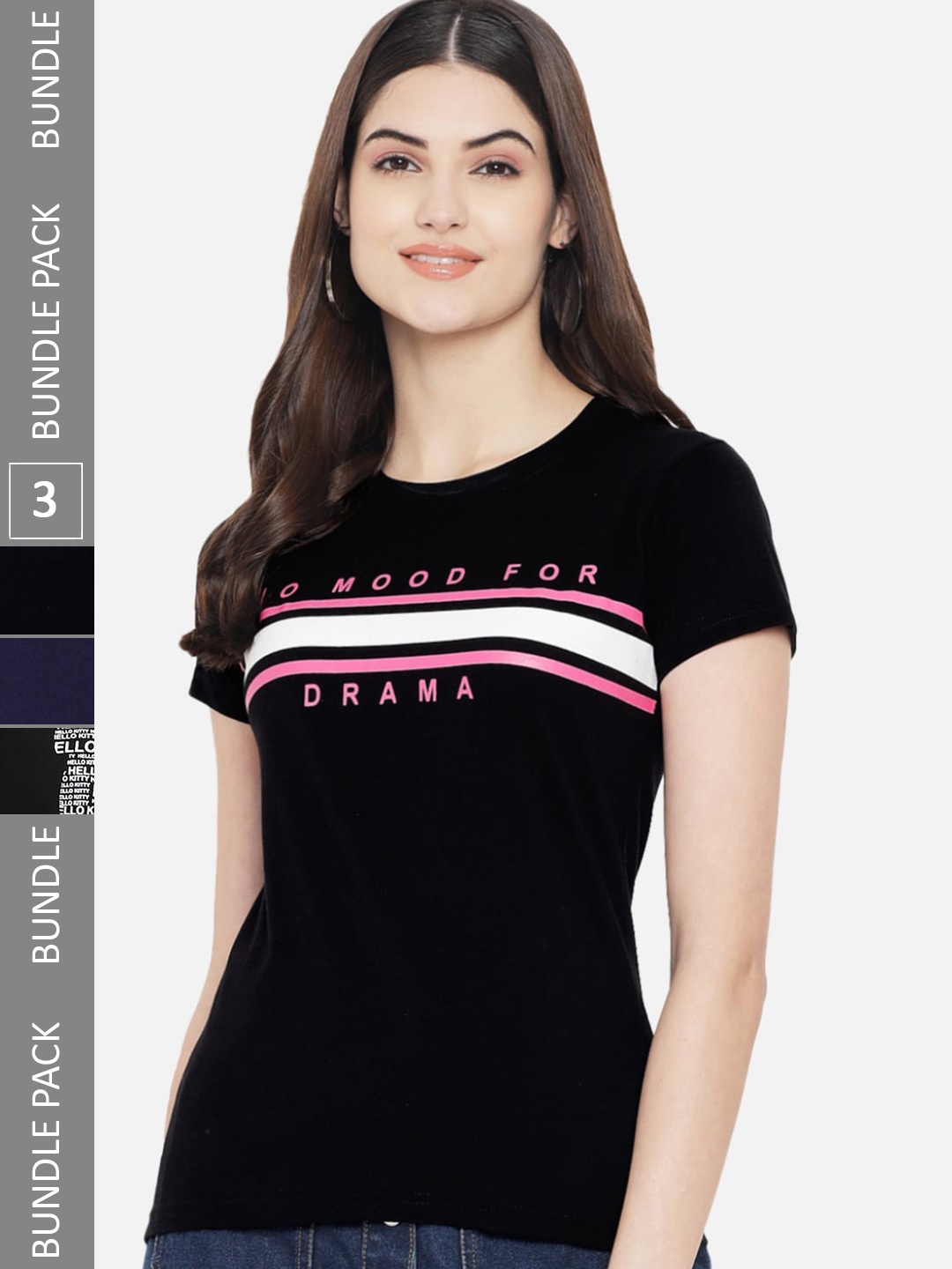 

Fabflee Pack Of 3 Typography Printed Cotton T-shirt, Black