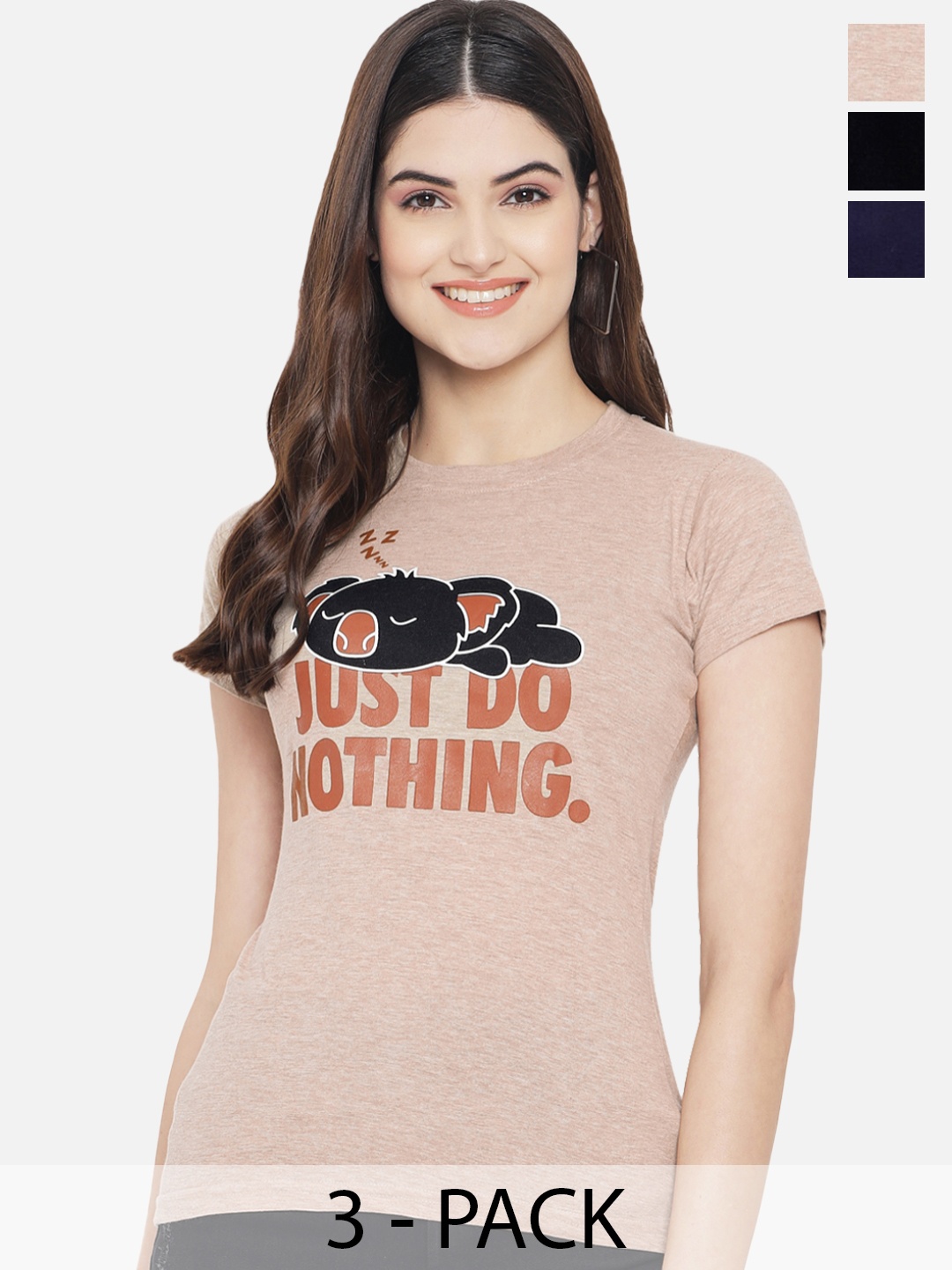 

Fabflee Pack Of 3 Printed Cotton T-shirt, Peach