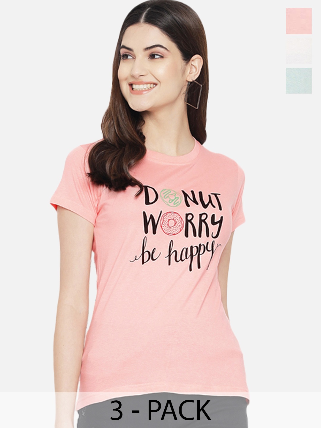 

Fabflee Pack Of 3 Typography Printed Cotton T-shirt, Peach