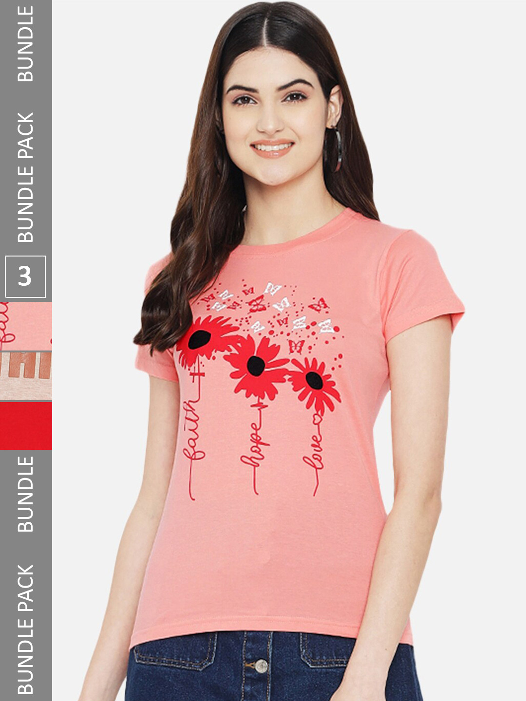 

Fabflee Pack Of 3 Typography Printed Cotton T-shirts, Peach
