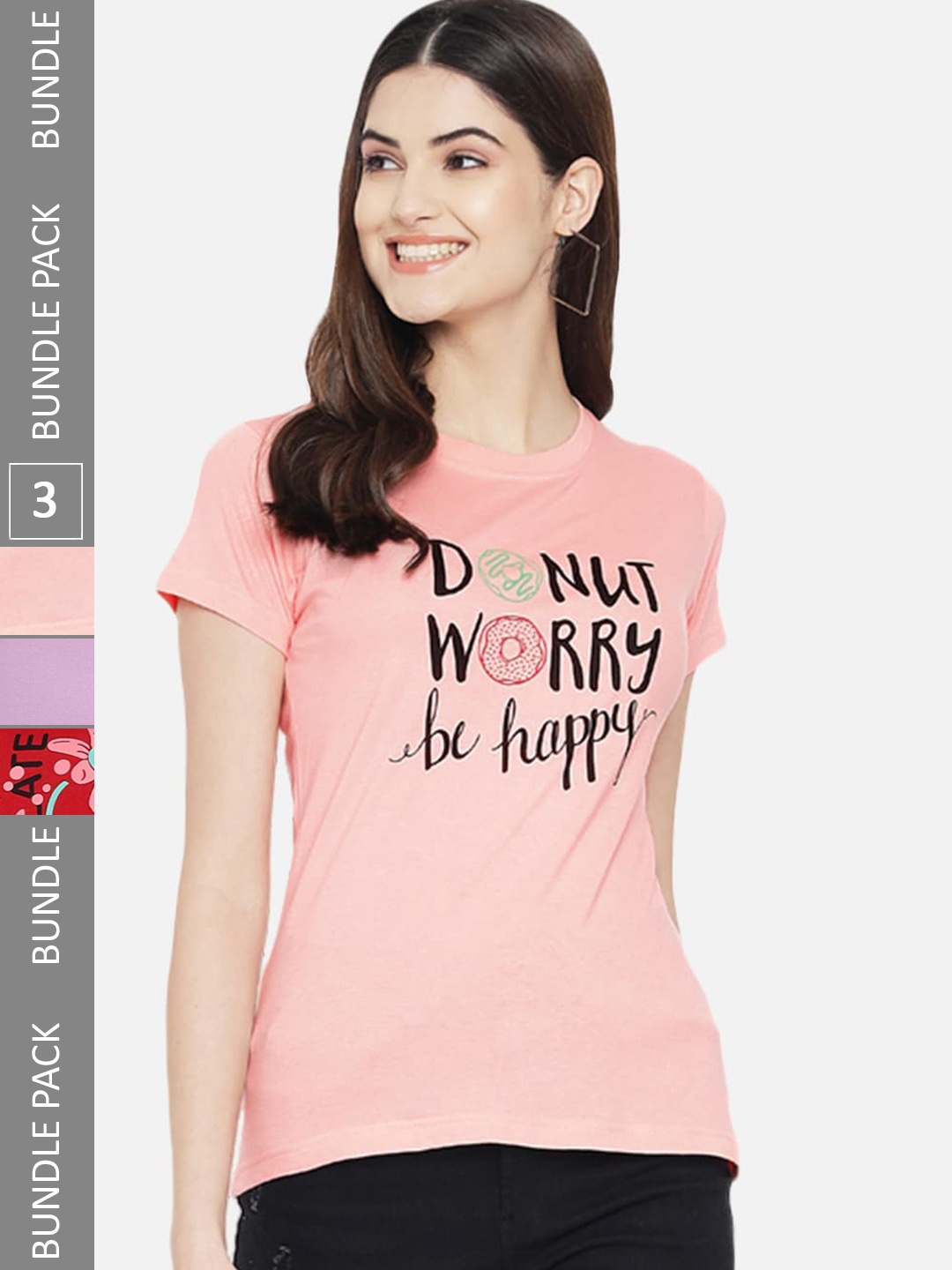 

Fabflee Pack Of 3 Typography Printed Cotton T-shirt, Pink