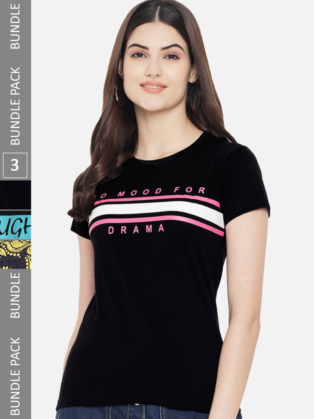 Fabflee Pack Of 3 Printed Cotton T-Shirts, Black