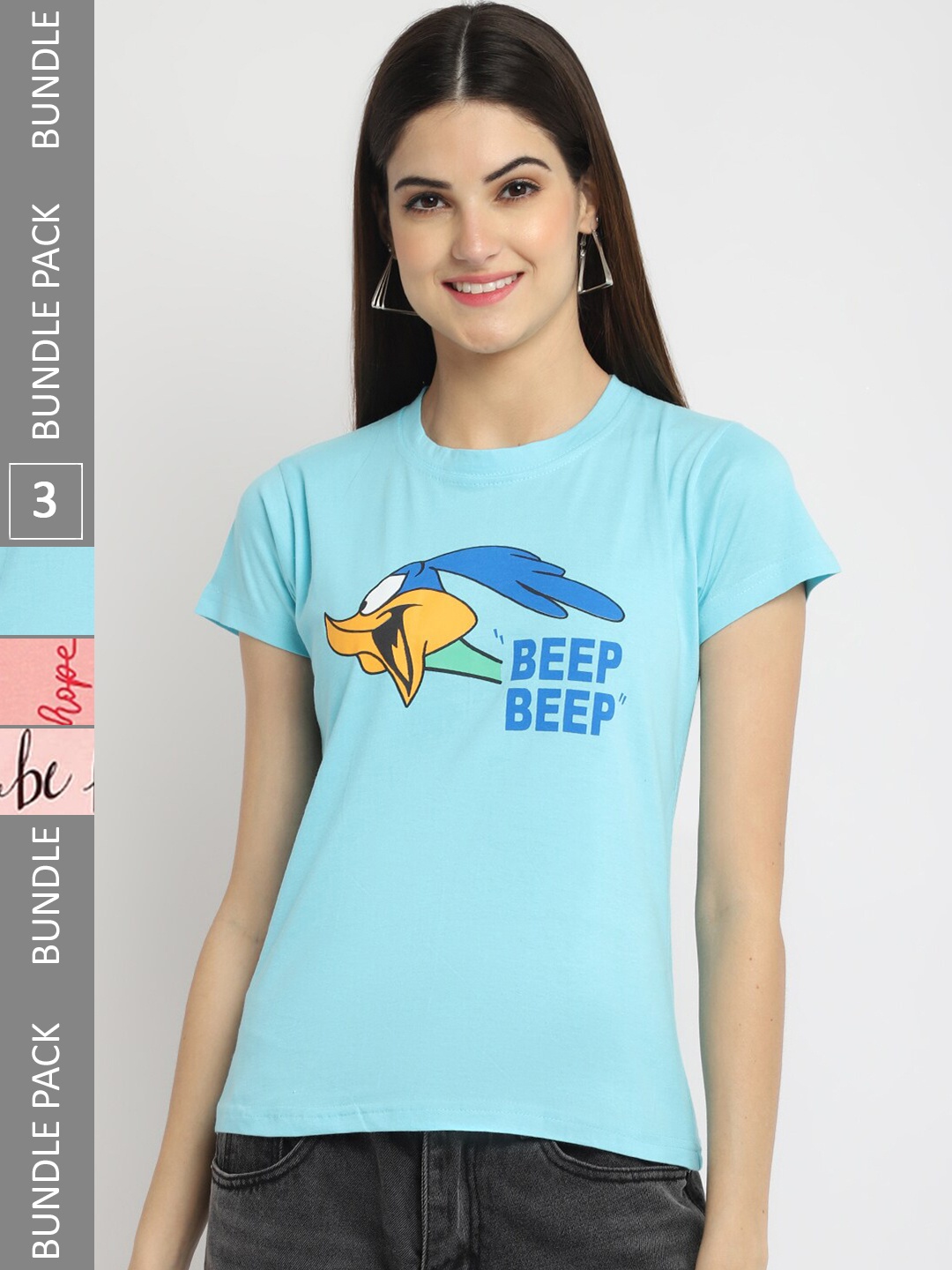 Fabflee Pack Of 3 Typography Printed Cotton T-shirt, Blue