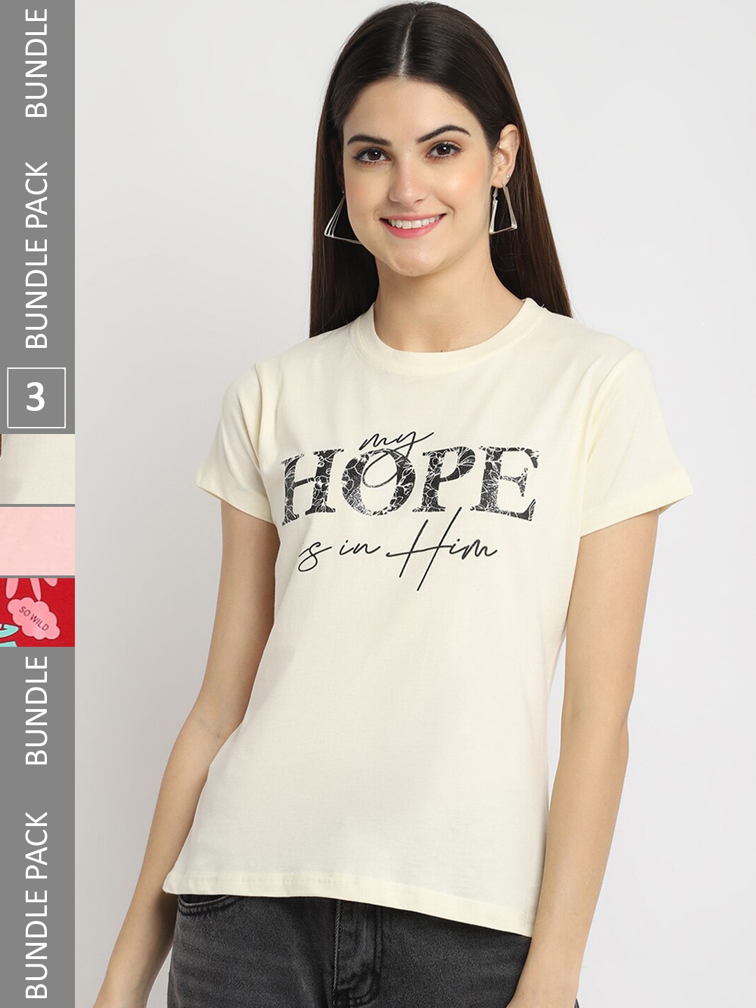 

Fabflee Pack of 3 Typography Printed Cotton T-shirt, Cream