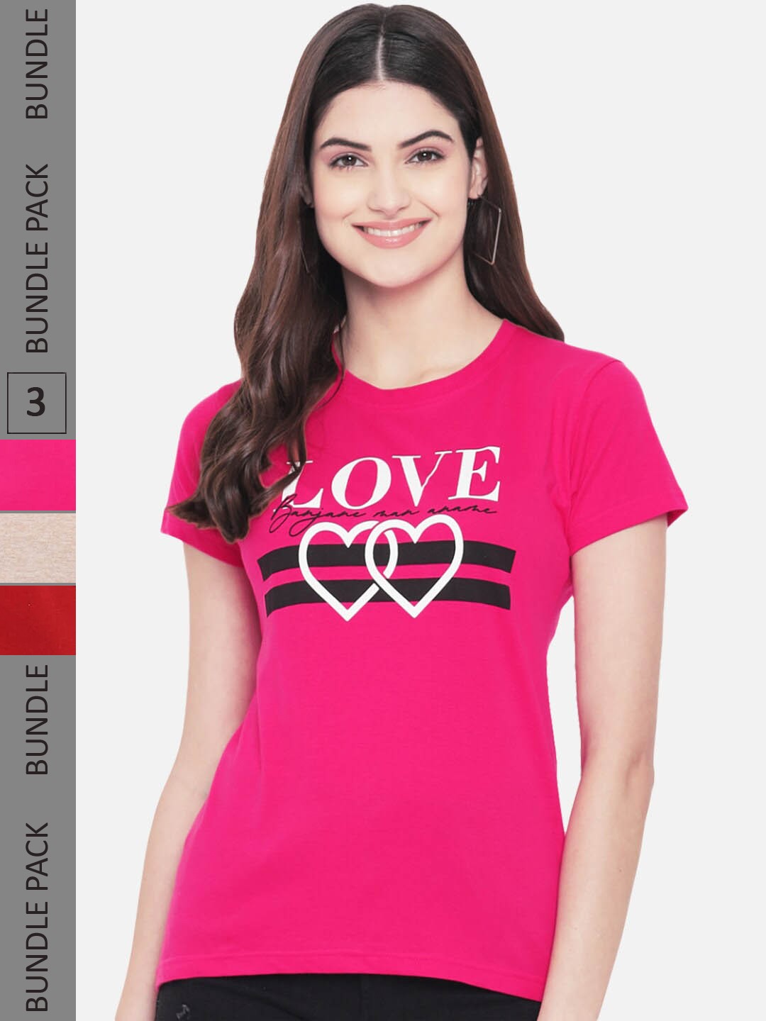

Fabflee Pack Of 3 Typography Printed Cotton T-shirts, Pink