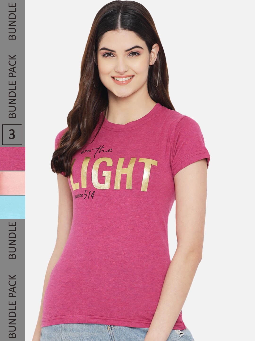 

Fabflee Pack Of 3 Typography Printed Cotton T- Shirts, Pink