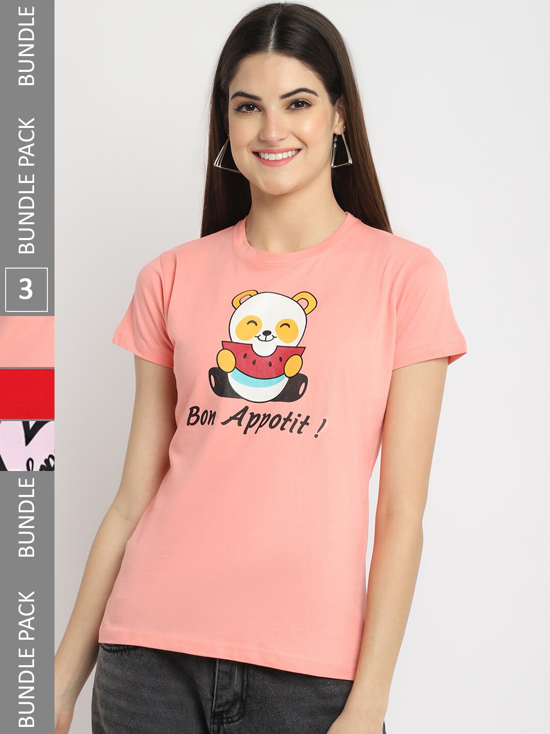 

Fabflee Pack Of 3 Typography Printed Cotton T-shirts, Coral