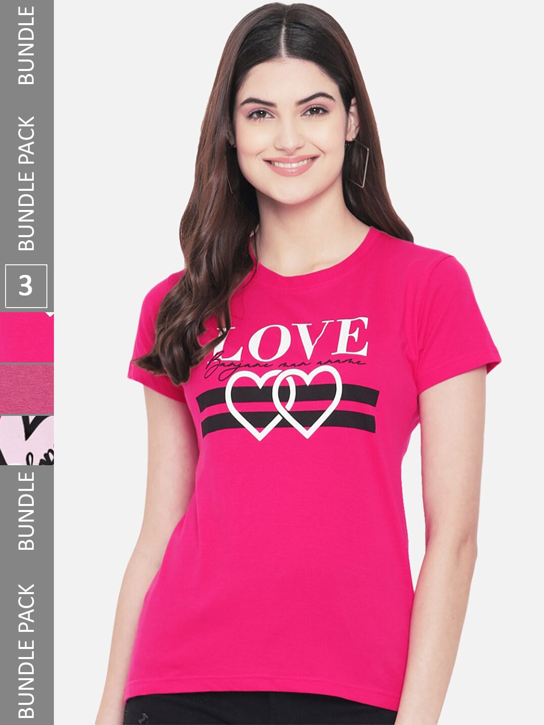 

Fabflee Pack Of 3 Typography Printed Cotton T-shirt, Pink