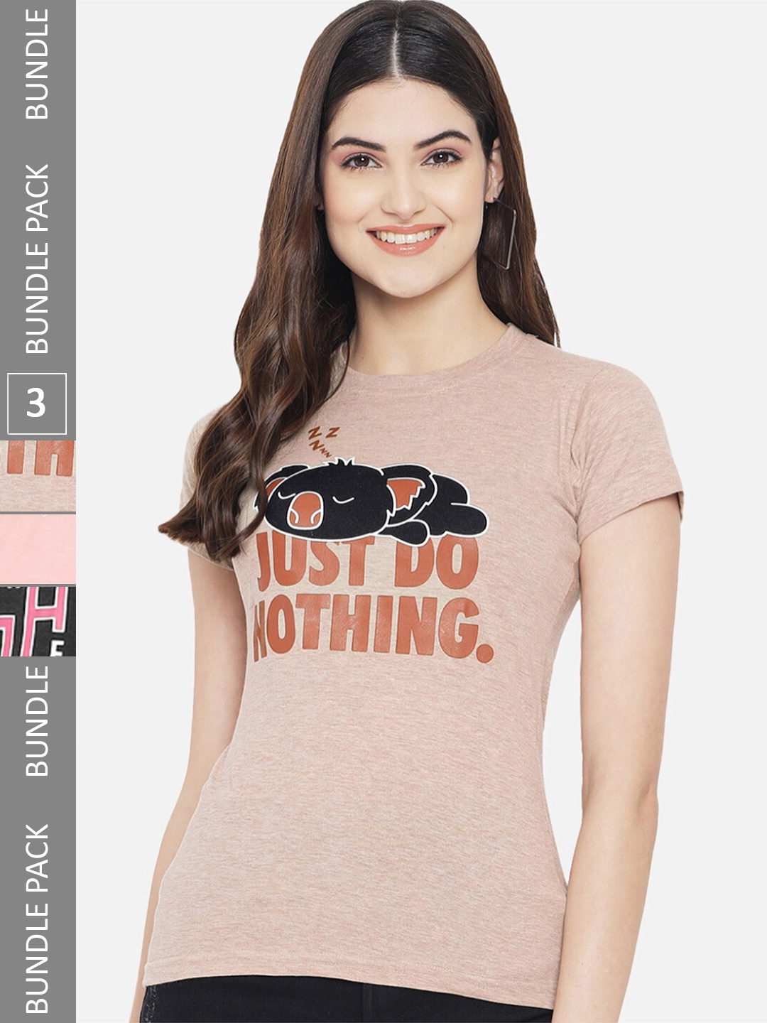 Fabflee Pack Of 3 Typography Printed Cotton T Shirts, Brown