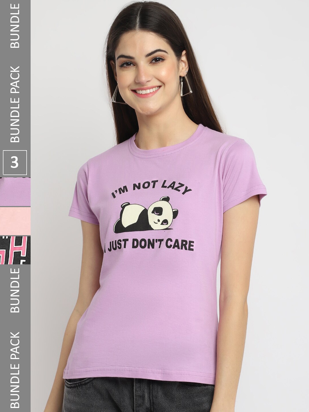 Fabflee Pack Of 3 Printed Cotton T-shirt, Lavender