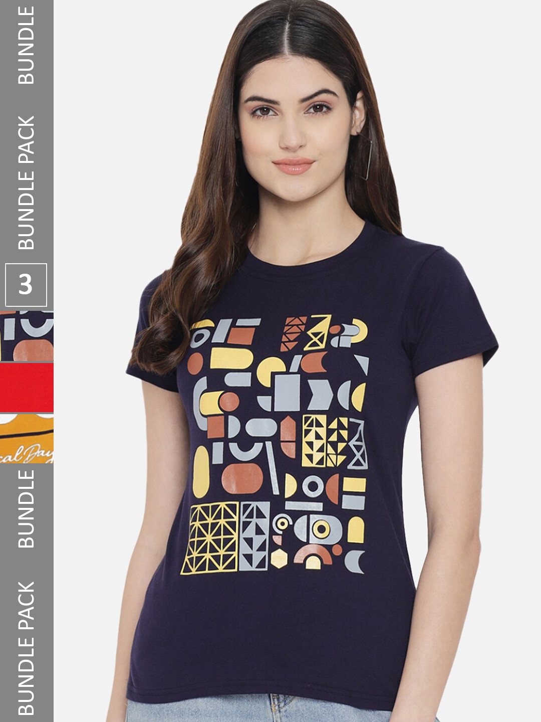

Fabflee Pack Of 3 Printed Cotton T-shirt, Navy blue