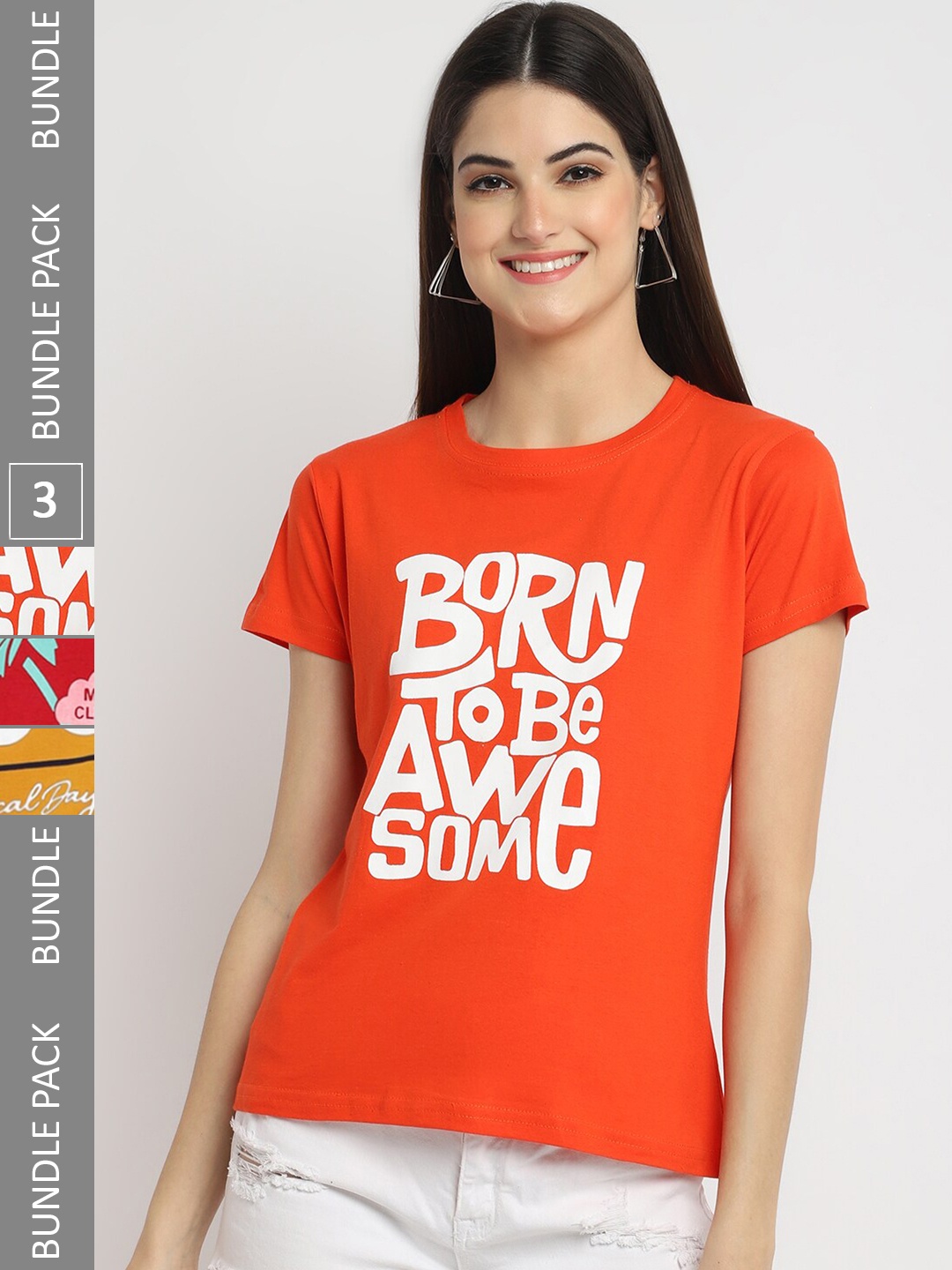 

Fabflee Pack Of 3 Typography Printed Cotton T-shirt, Orange