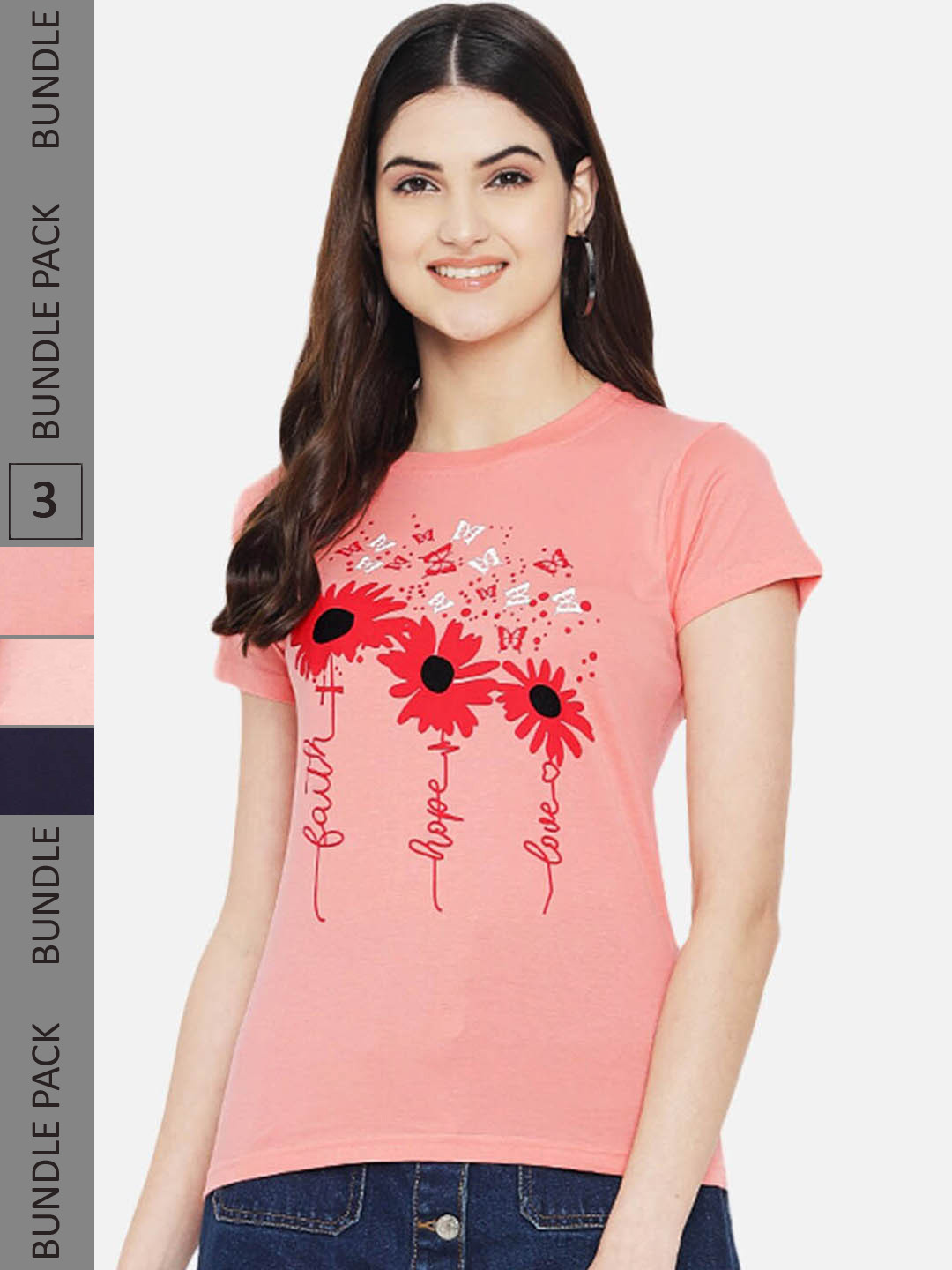 

Fabflee Pack Of 3 Printed Round Neck Cotton T-shirts, Pink