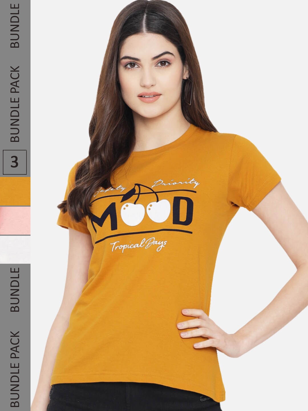 

Fabflee Pack Of 3 Printed Round Neck Cotton T-shirts, Mustard