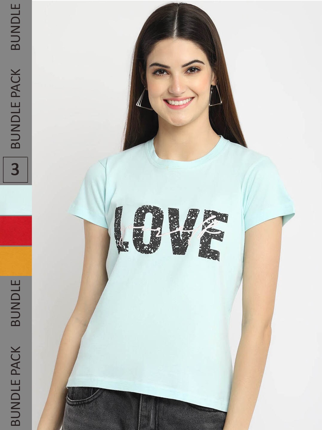 

Fabflee Pack Of 3 Typography Printed Cotton T Shirts, Turquoise blue