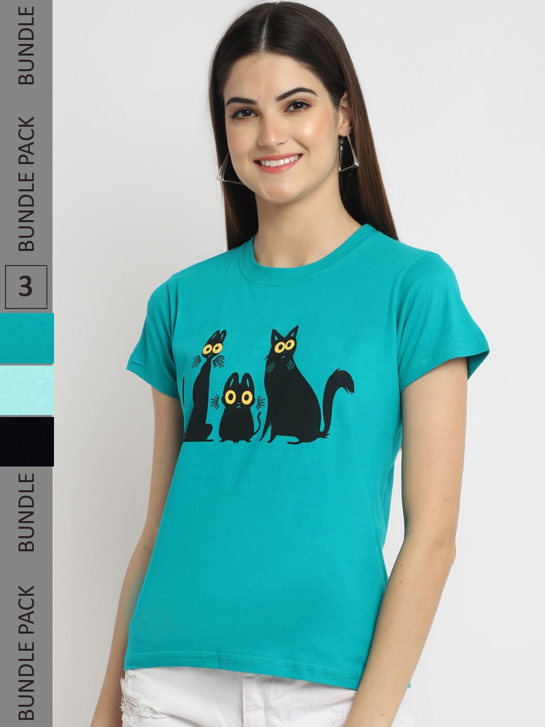 

Fabflee Pack Of 3 Printed Cotton T-shirt, Teal