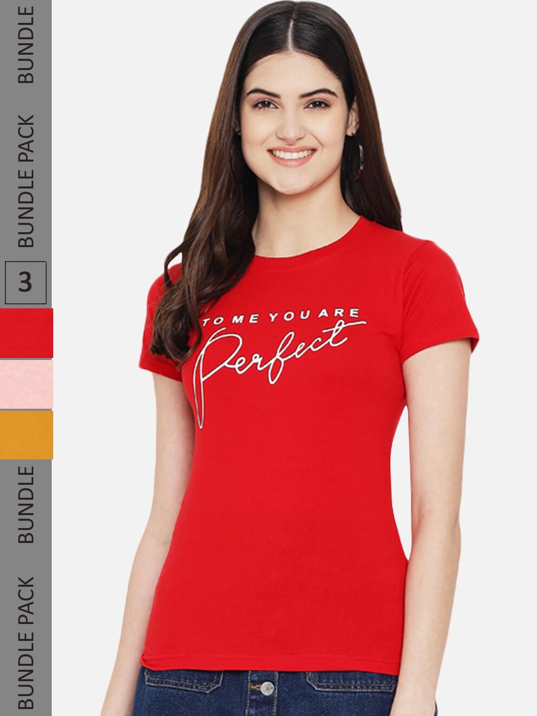 Fabflee Pack Of 3 Typography Printed Cotton T-shirt, Red