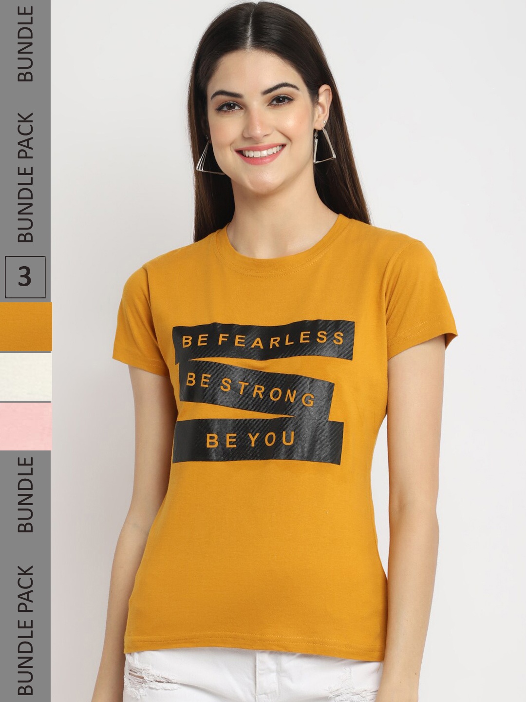 Fabflee Pack Of 3 Typography Printed Cotton T-shirts, Mustard
