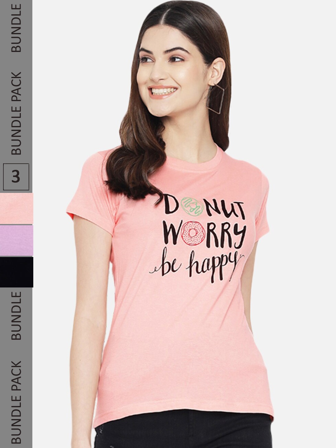 

Fabflee Pack of 3 Typography Printed Cotton T-shirt, Pink