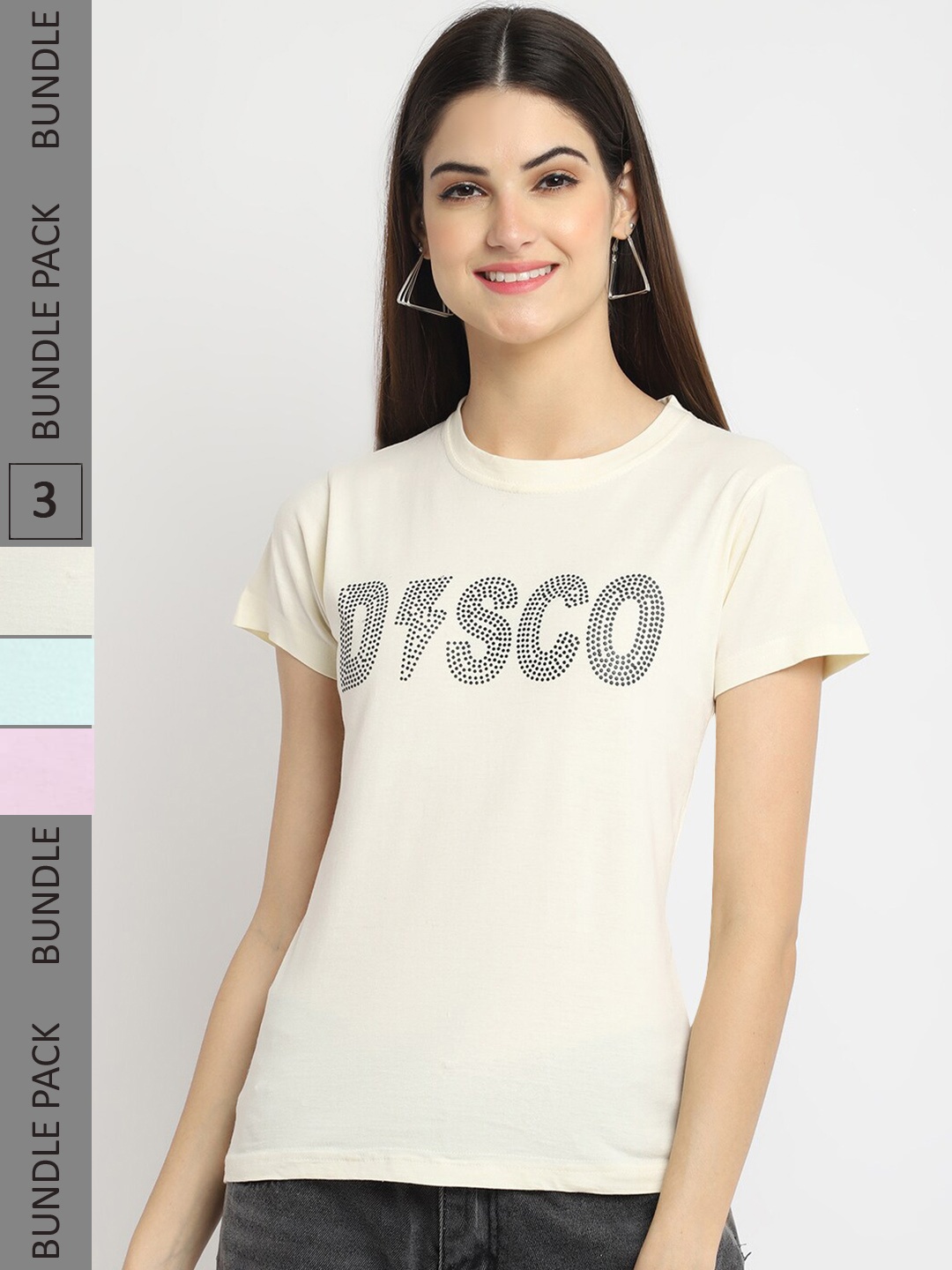 

Fabflee Pack Of 3 Typography Printed Cotton T-shirt, Cream