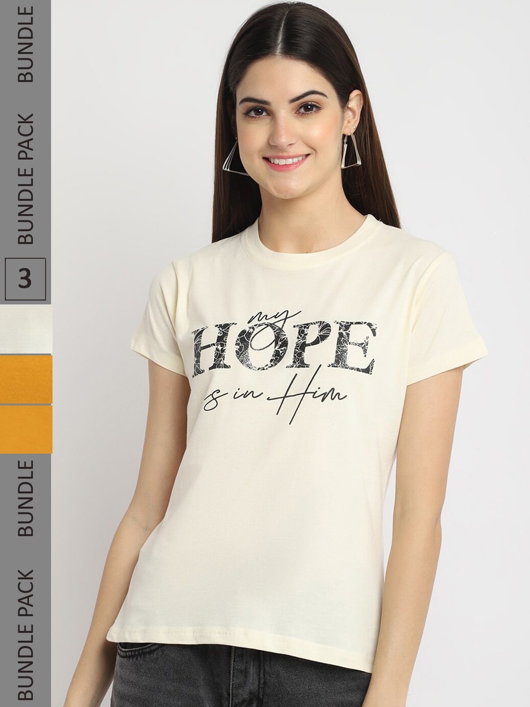 

Fabflee Pack Of 3 Typography Printed Cotton T-shirts, Cream