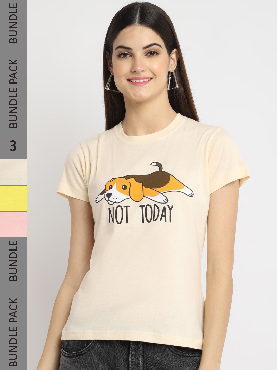 

Fabflee Pack Of 3 Typography Printed Cotton T-shirt, Cream