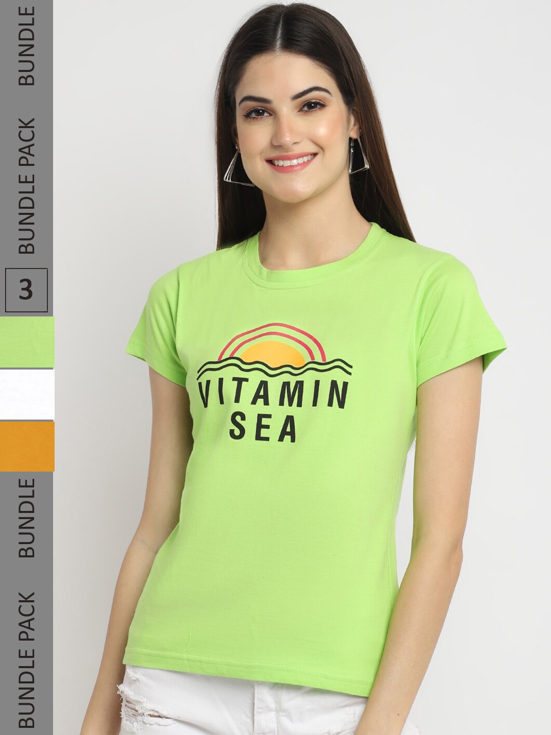 Fabflee Pack of 3 Typography Printed Cotton T-shirt, Green