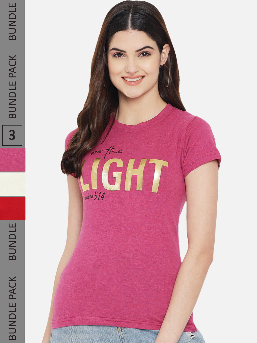 

Fabflee Pack Of 3 Printed Cotton T-shirt, Pink
