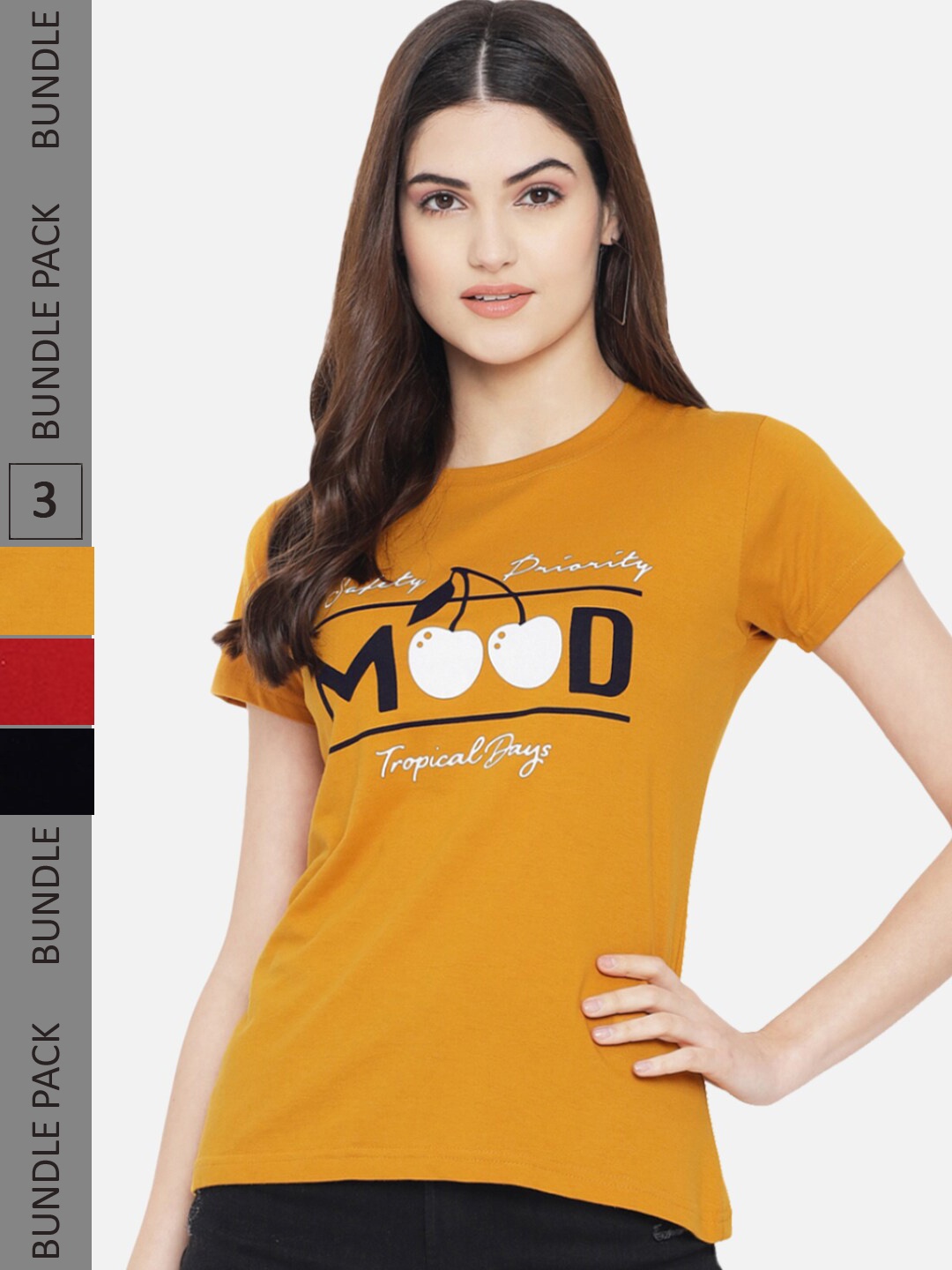 

Fabflee Pack Of 3 Typography Printed Cotton T-Shirt, Mustard