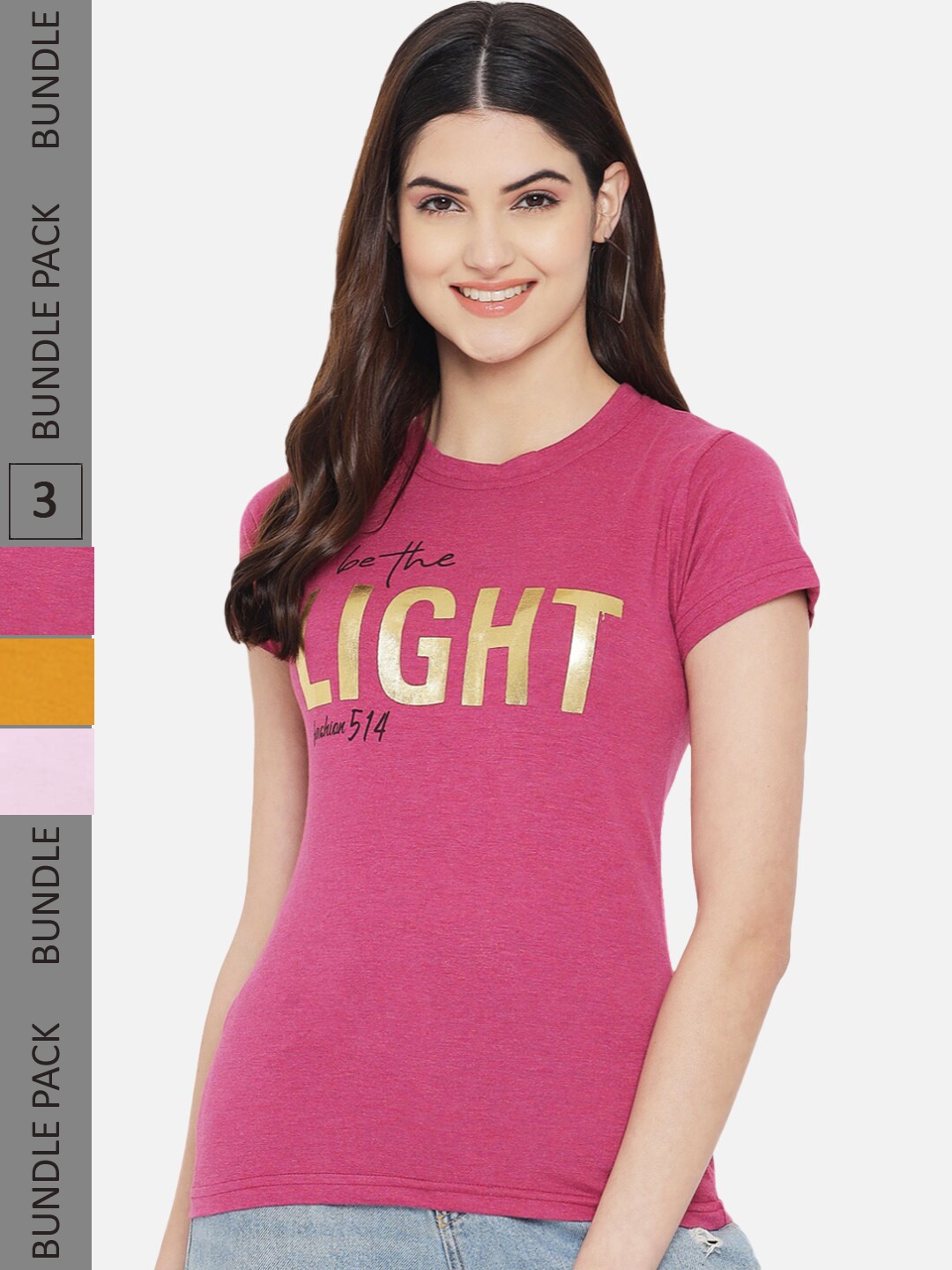 

Fabflee Pack Of 3 Typography Printed Regular Fit Cotton T-shirt, Pink