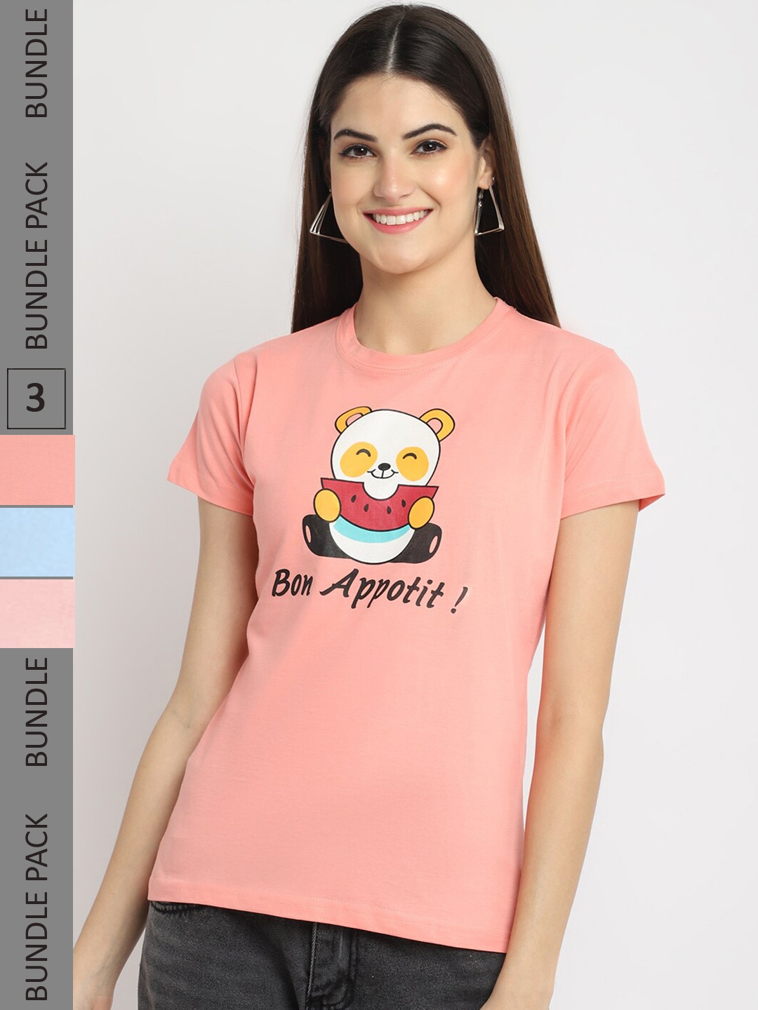 Fabflee Pack of 3 Printed Knitted Cotton T-Shirt, Peach