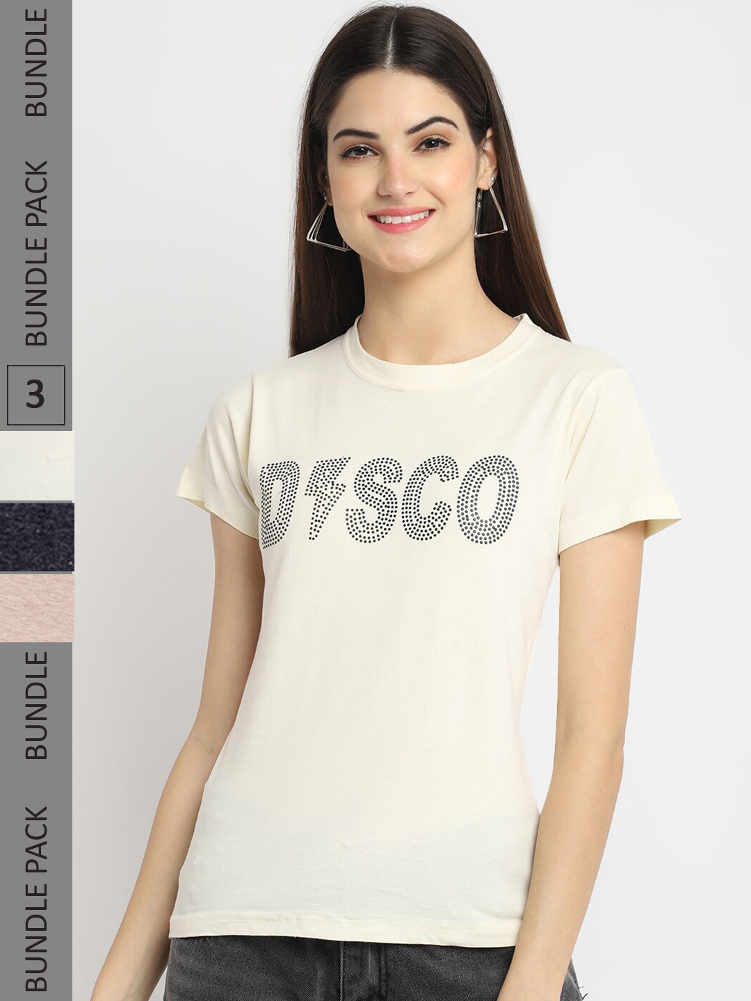 

Fabflee Pack Of 3 Typography Printed Cotton T-shirt, Cream