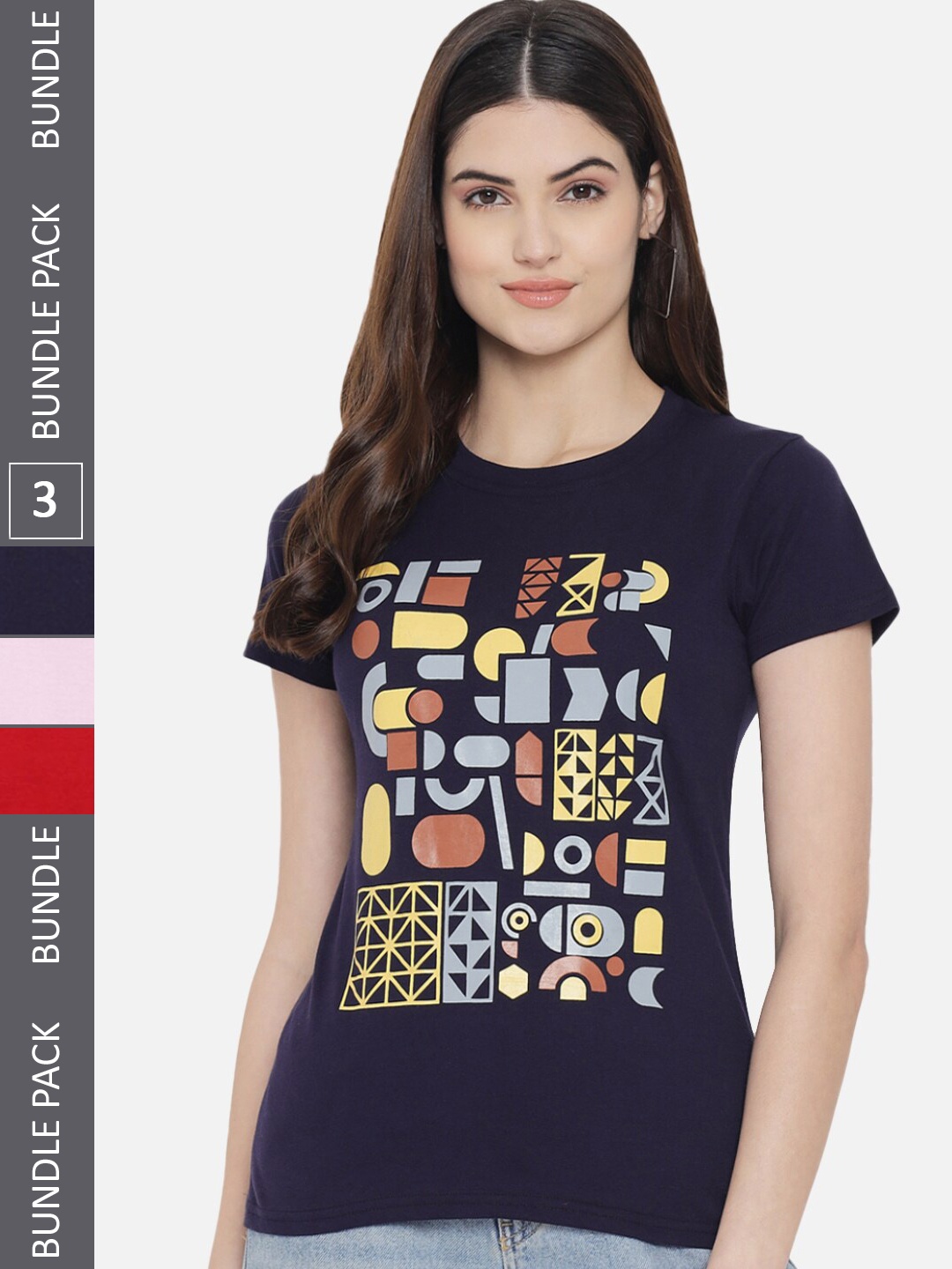 

Fabflee Pack Of 3 Graphic Printed Cotton T-shirts, Navy blue