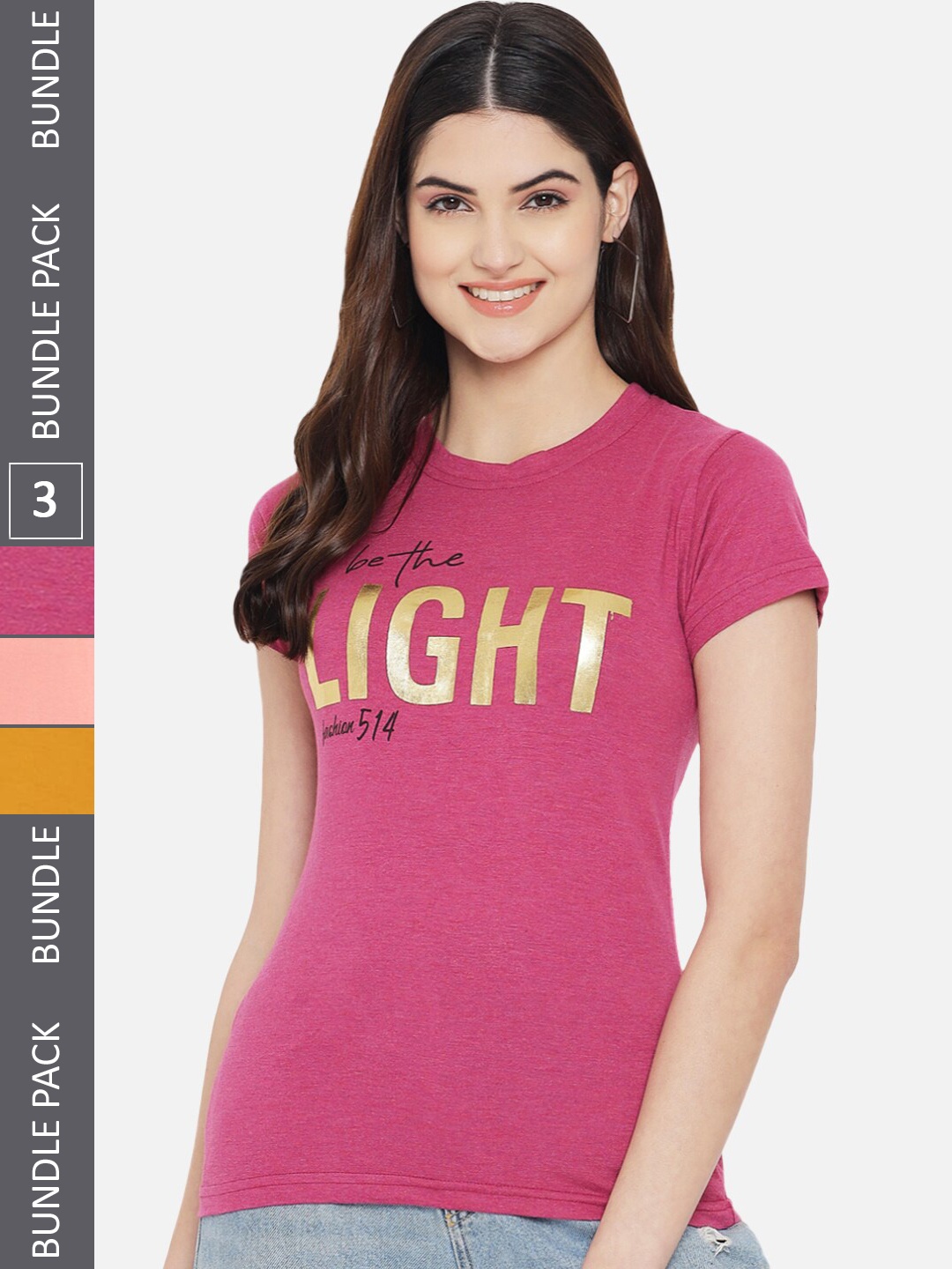 

Fabflee Pack Of 3 Typography Printed Cotton T-shirt, Magenta