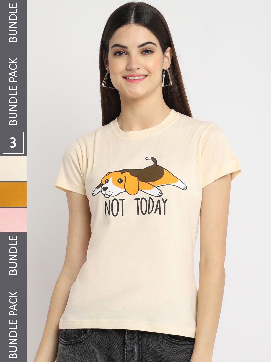 

Fabflee Pack of 3 Printed Cotton T-shirt, Cream
