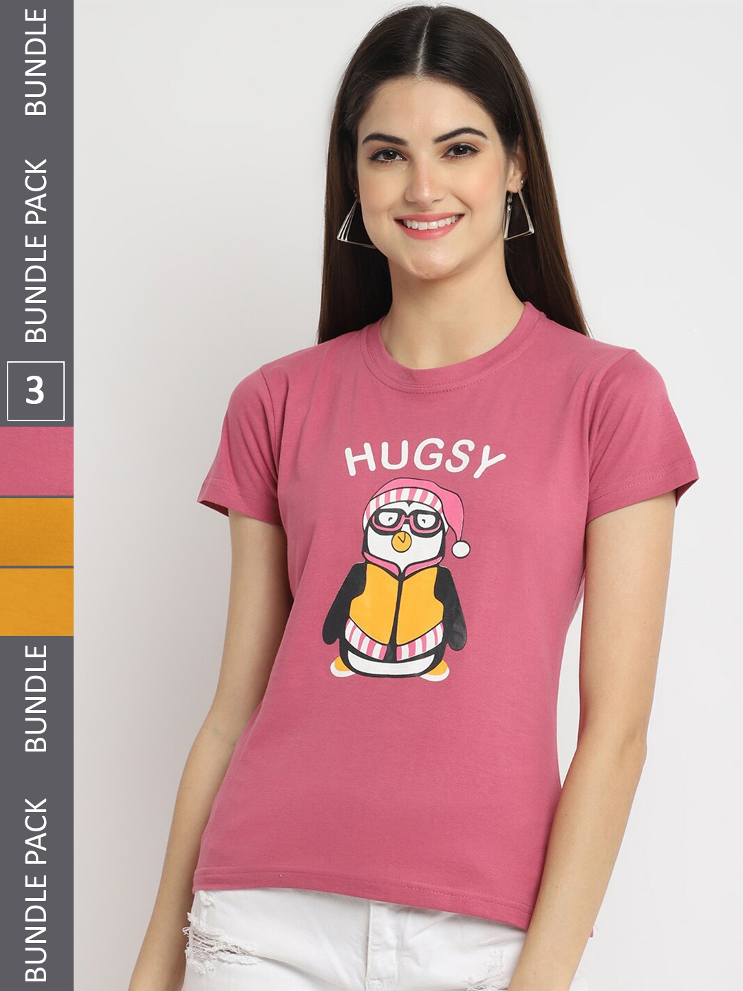Fabflee Pack Of 3 Typography Printed Cotton T-shirt, Pink