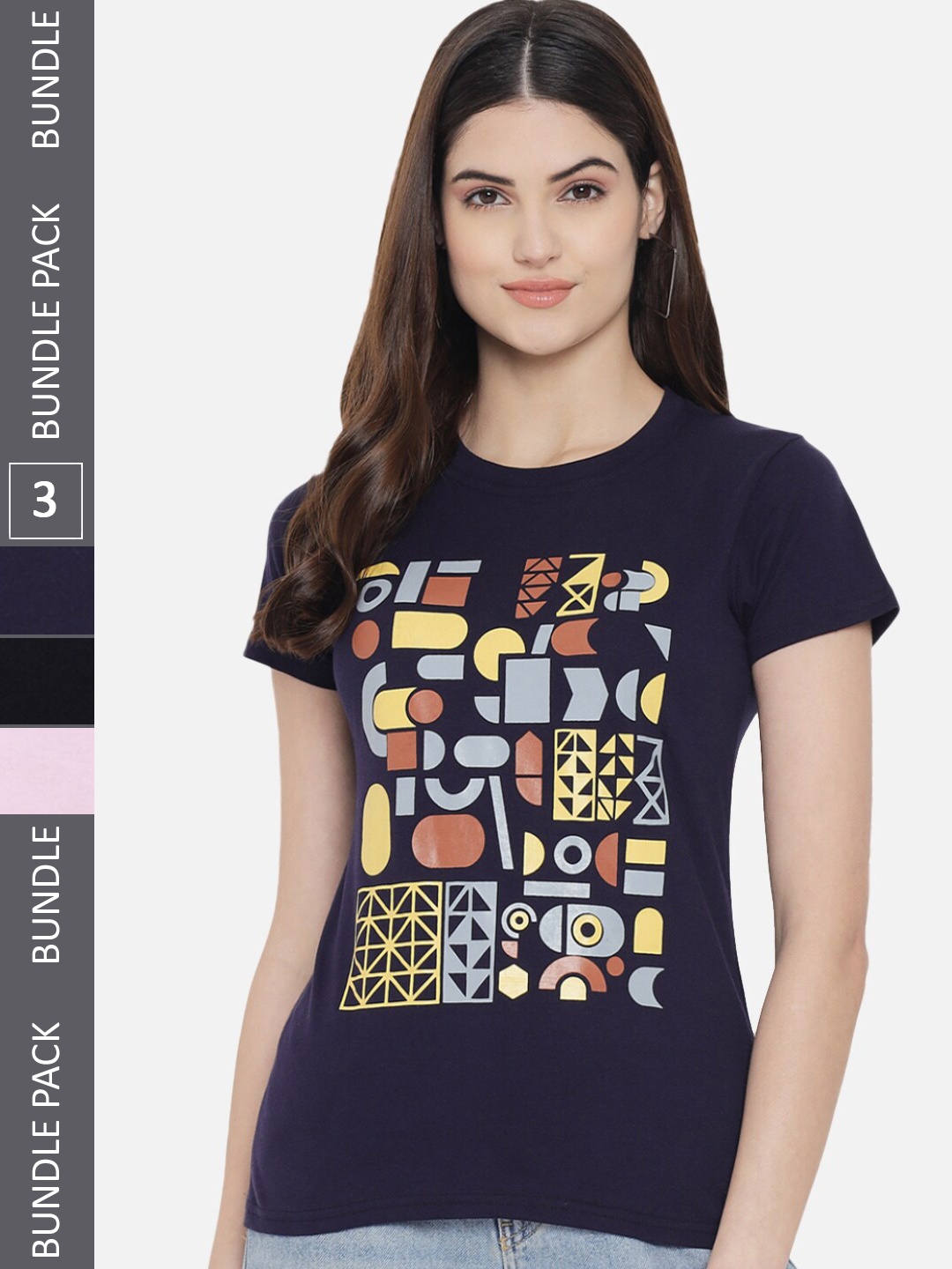 

Fabflee Pack of 3 Printed Cotton T-shirts, Navy blue