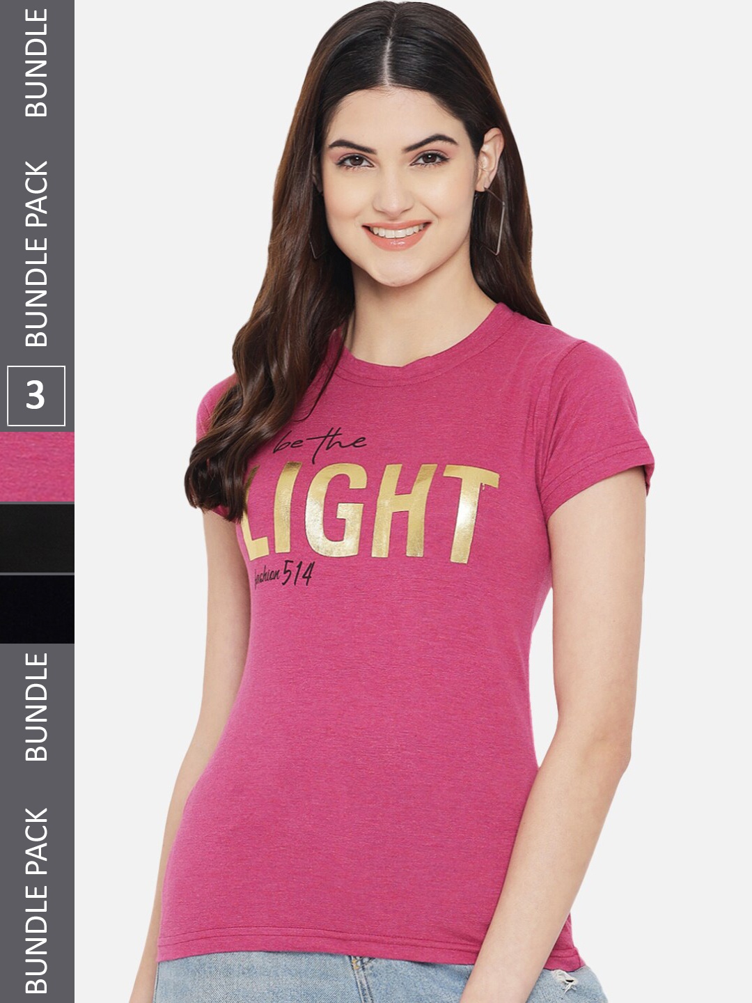 

Fabflee Pack Of 3 Typography Printed Cotton T-shirt, Pink