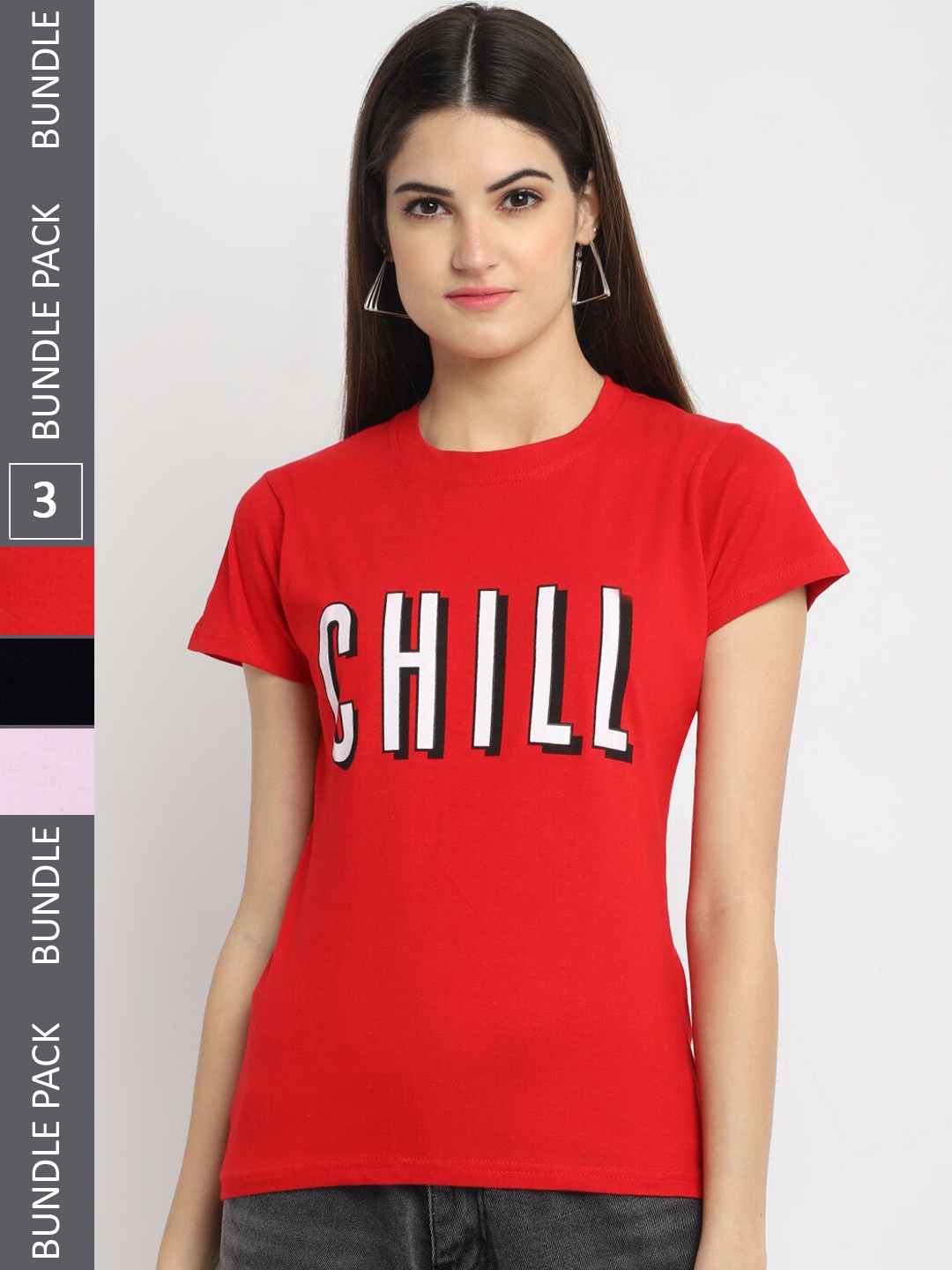 

Fabflee Pack Of 3 Typography Printed Cotton T-shirts, Red