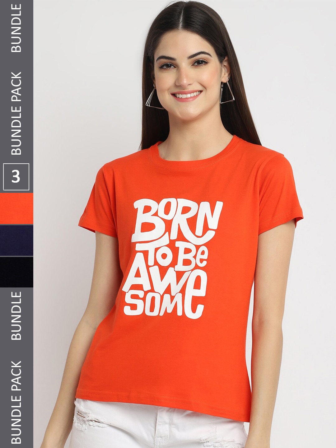 

Fabflee Pack Of 3 Typography Printed Cotton T-shirt, Orange