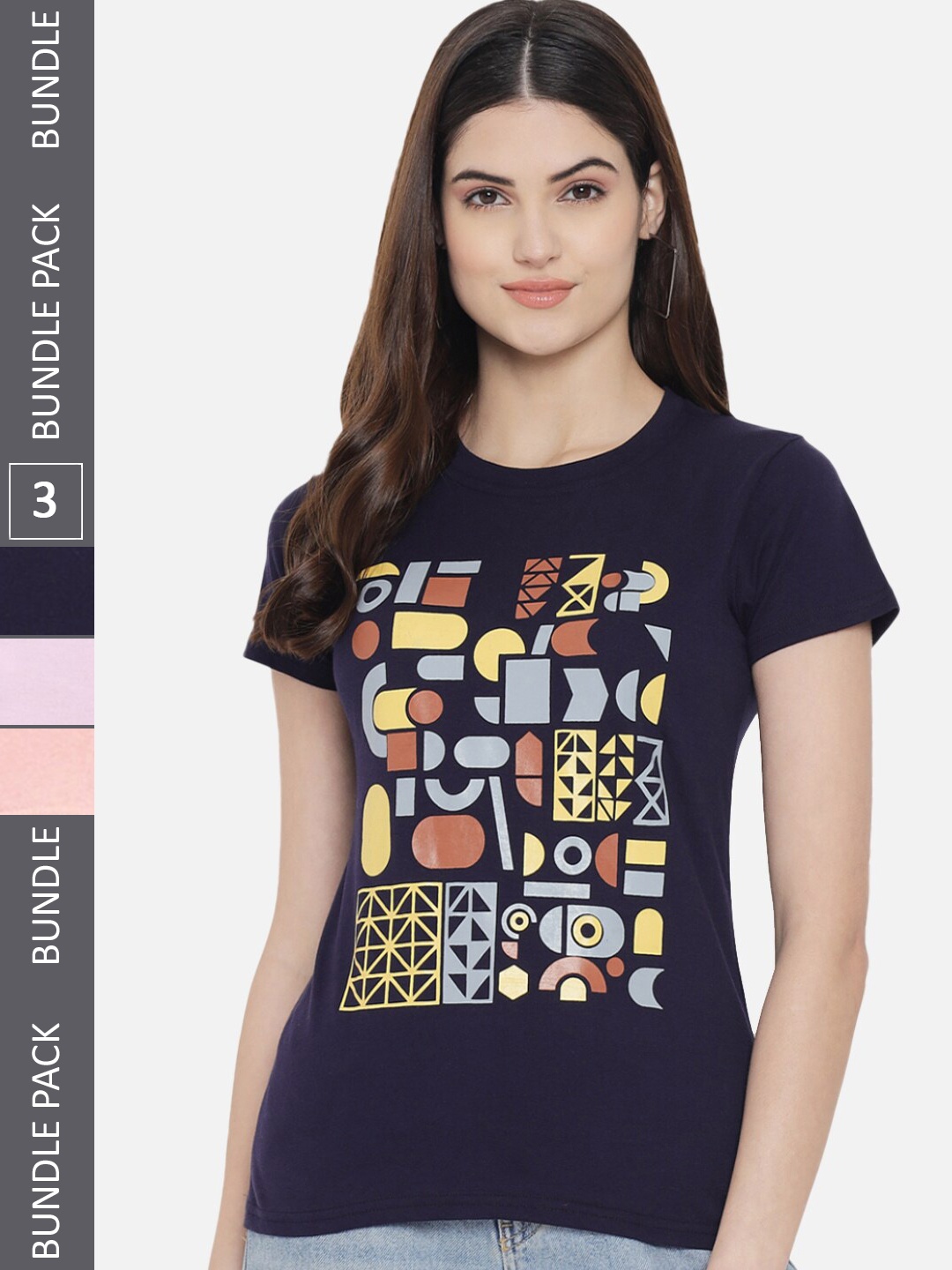 

Fabflee Pack of 3 Printed Cotton T-shirt, Navy blue