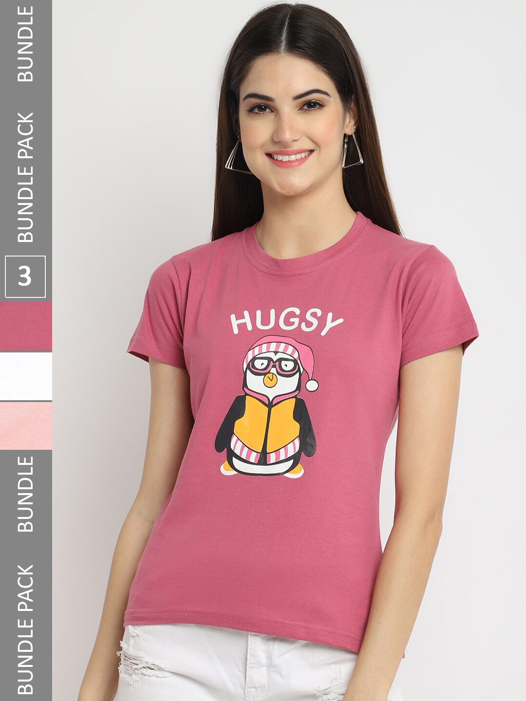 

Fabflee Pack of 3 Printed Short Sleeved Cotton T-shirts, Pink