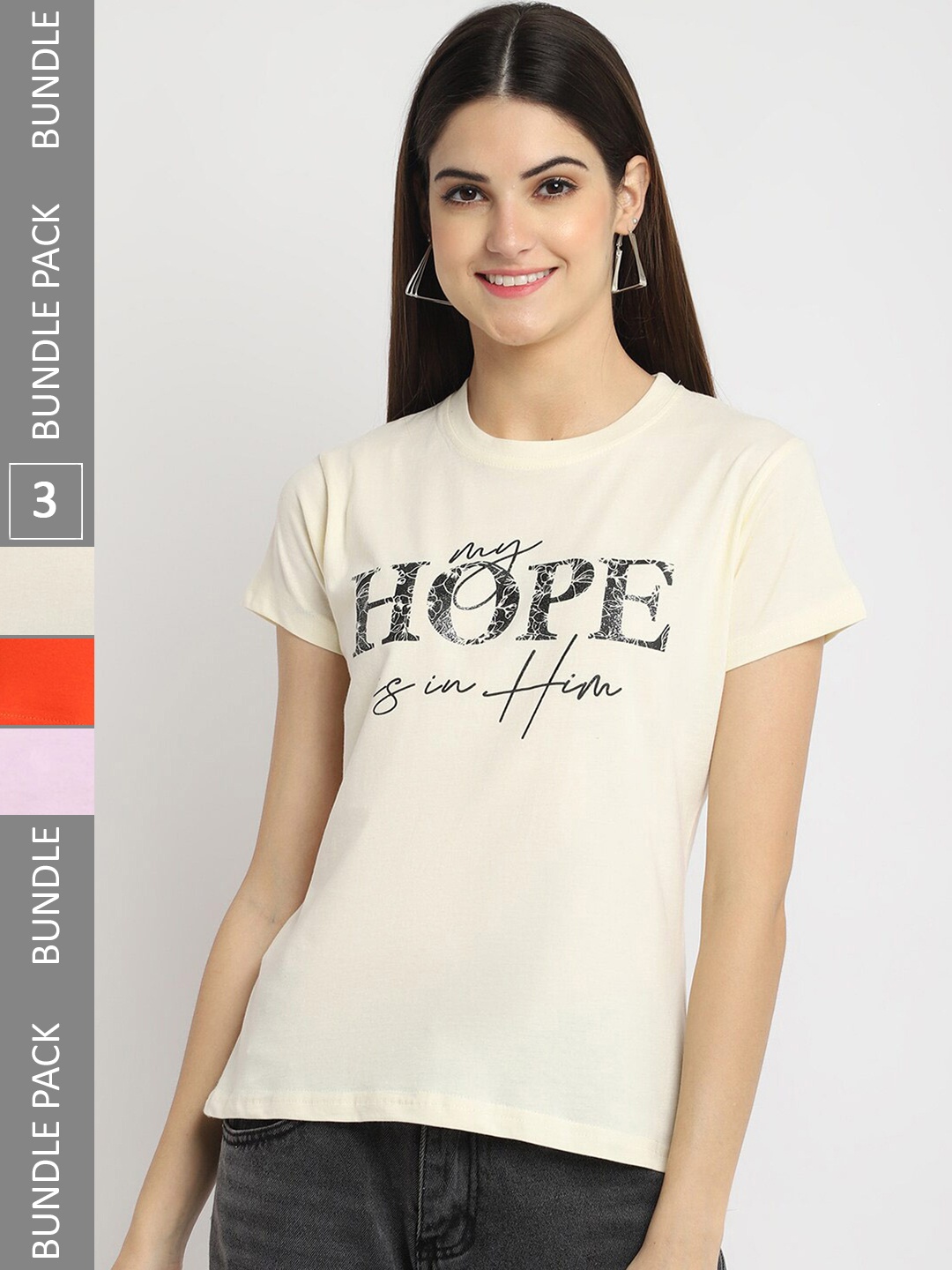 

Fabflee Pack Of 3 Typography Printed Regular Fit Cotton T-shirt, Off white