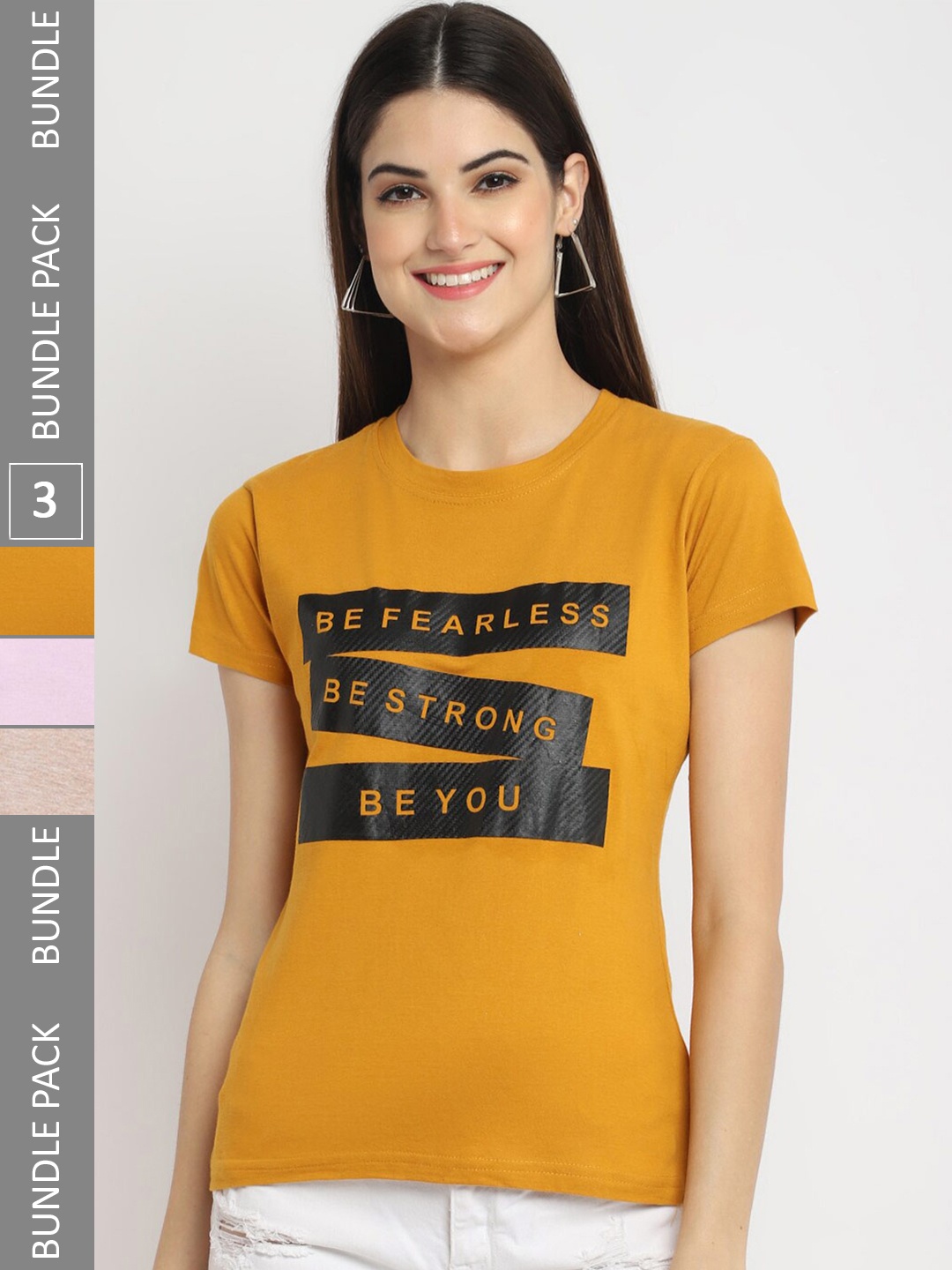 

Fabflee Pack Of 3 Typography Printed Regular Fit Cotton T-shirt, Mustard