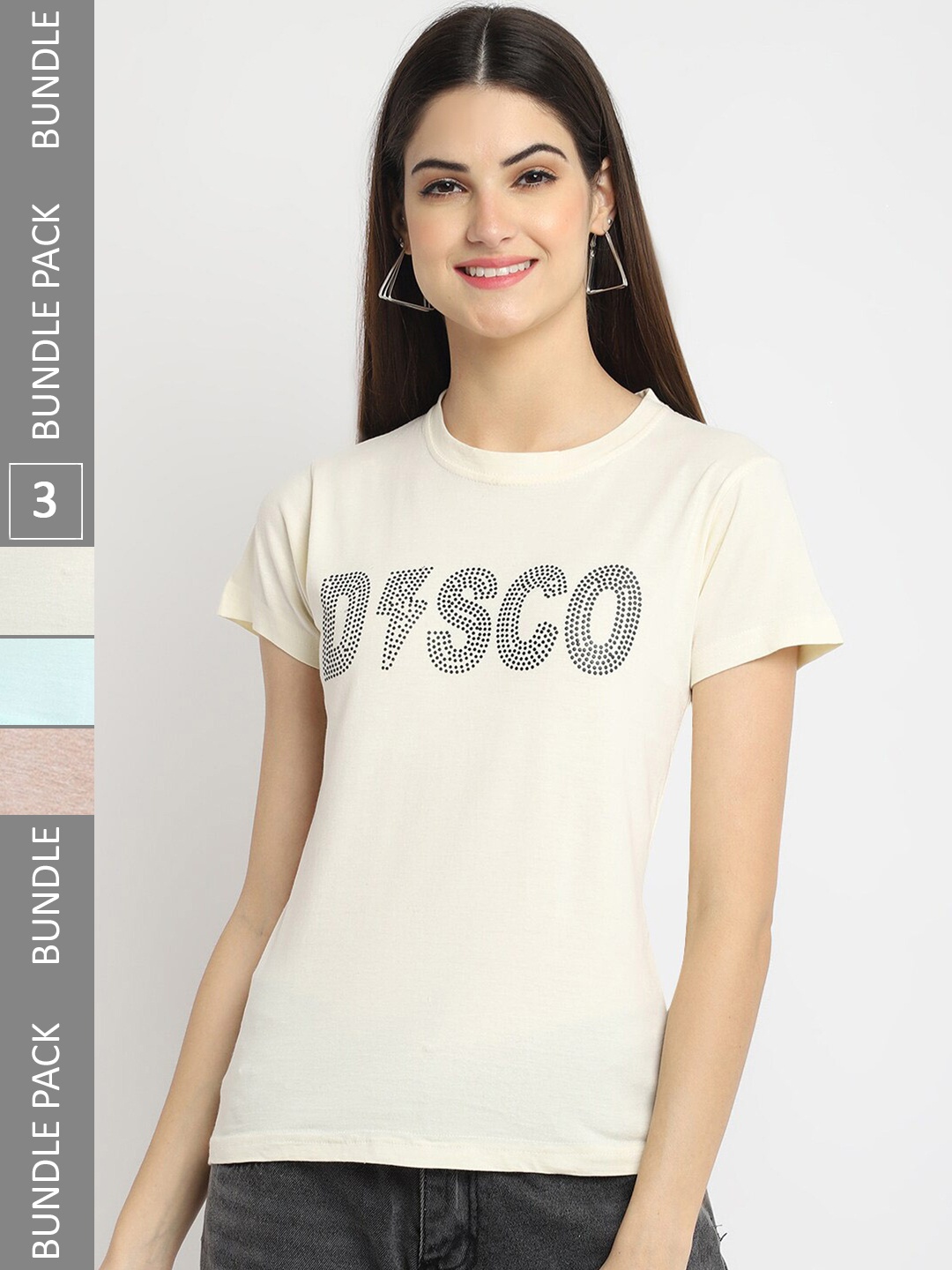 

Fabflee Pack Of 3 Typography Printed Cotton T-shirt, Off white