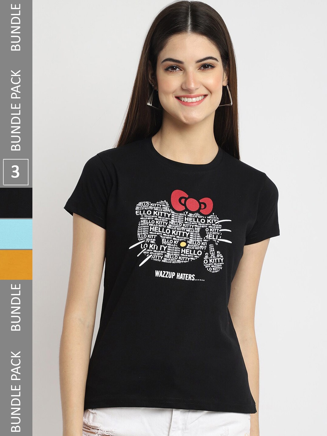 

Fabflee Pack Of 3 Printed Round Neck T-shirts, Black