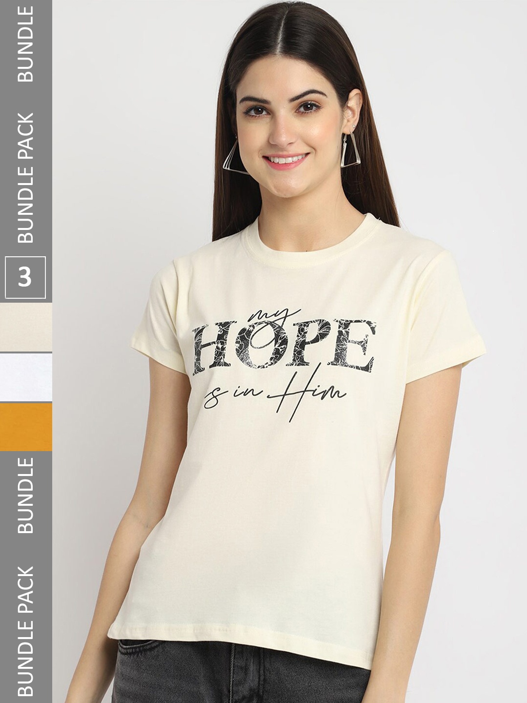 

Fabflee Pack Of 3 Printed Cotton T-shirts, Off white