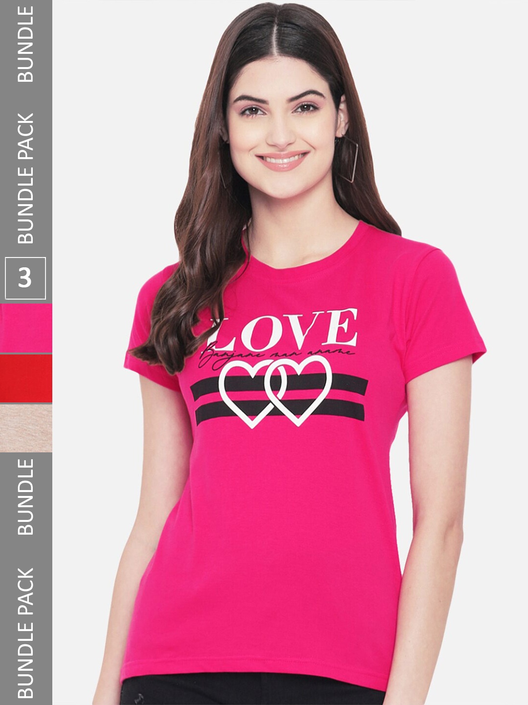 

Fabflee Pack of 3 Typography Printed Short Sleeved Cotton T-shirts, Pink
