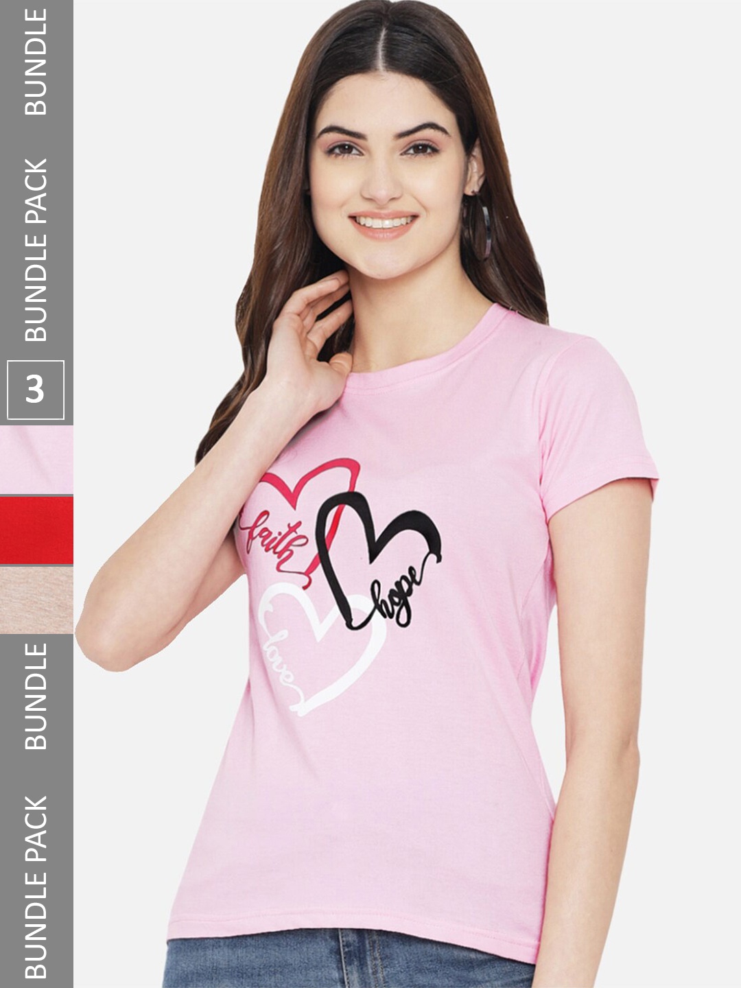 

Fabflee Pack of 3 Typography Printed Cotton T-shirt, Pink