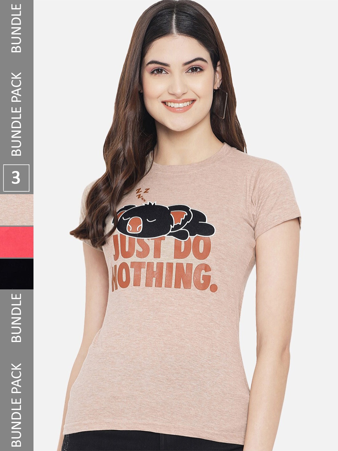 

Fabflee Pack Of 3 Typography Printed Cotton T-shirt, Pink